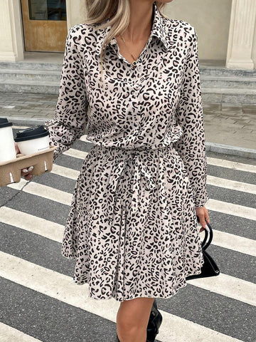 Women Casual Leopard Print Short Dress For Autumn