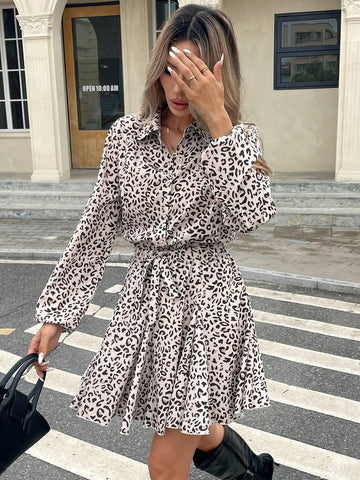 Women Casual Leopard Print Short Dress For Autumn