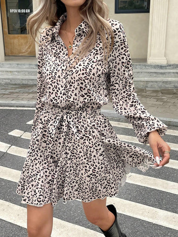 Women Casual Leopard Print Short Dress For Autumn