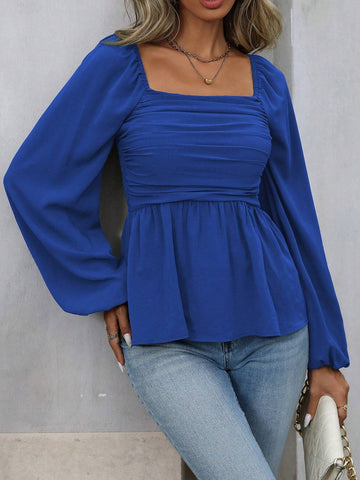Frenchy Women Casual Pleated Lantern Sleeve Square Neck Cinched Waist Shirt, Autumn