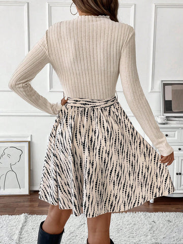 Women Casual Printed Patchwork Stand Collar Short Dress, Autumn