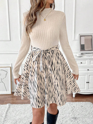 Women Casual Printed Patchwork Stand Collar Short Dress, Autumn