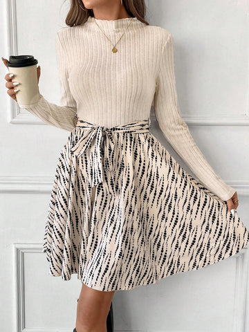 Women Casual Printed Patchwork Stand Collar Short Dress, Autumn