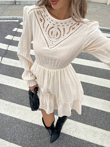 Women Casual Solid Color Hollow Out Embroidery Patchwork Mini Dress, Suitable For