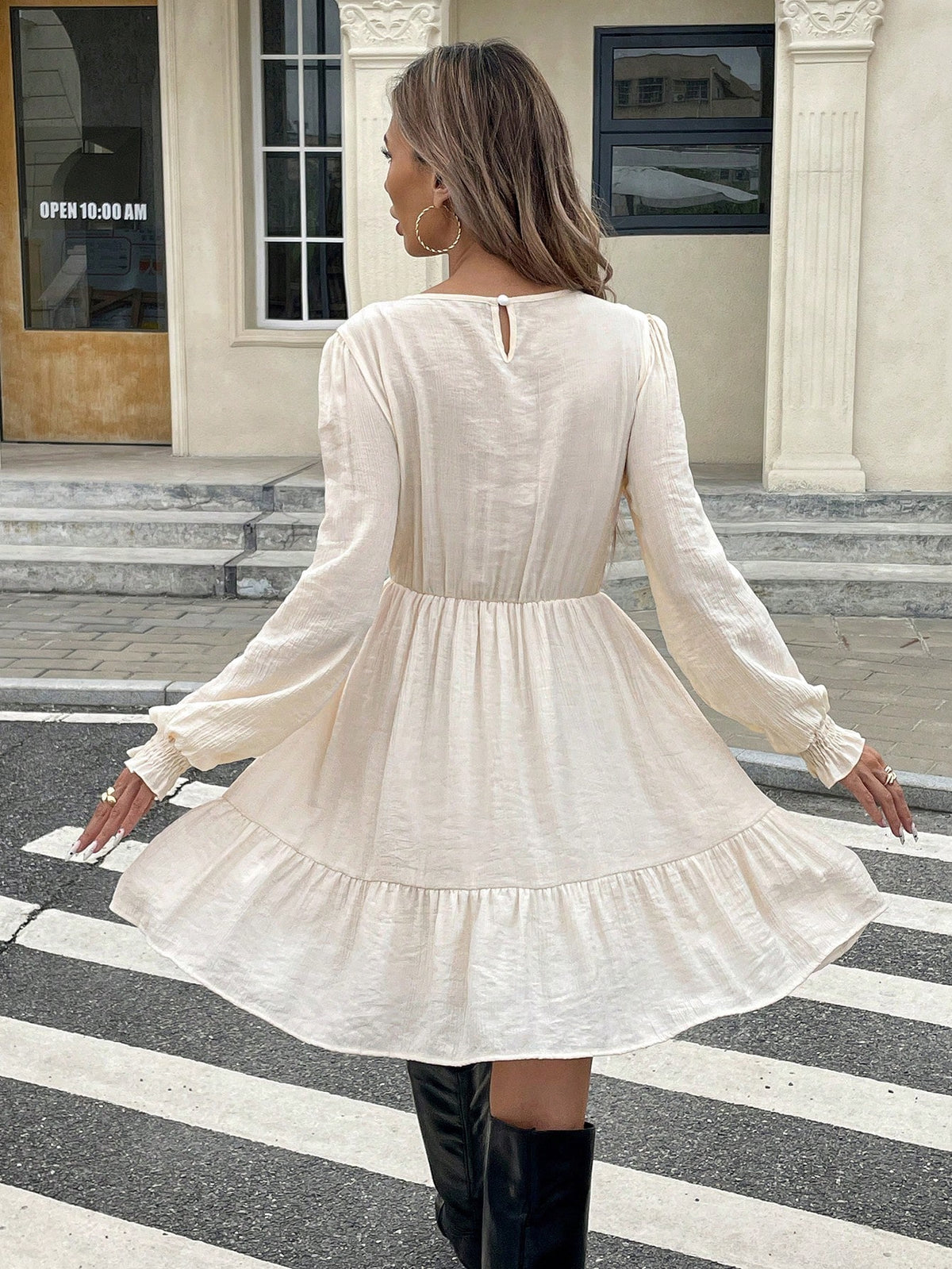 Women Casual Solid Color Hollow Out Embroidery Patchwork Mini Dress, Suitable For