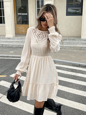 Women Casual Solid Color Hollow Out Embroidery Patchwork Mini Dress, Suitable For