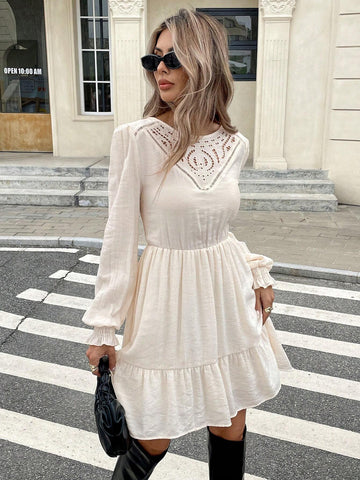 Women Casual Solid Color Hollow Out Embroidery Patchwork Mini Dress, Suitable For