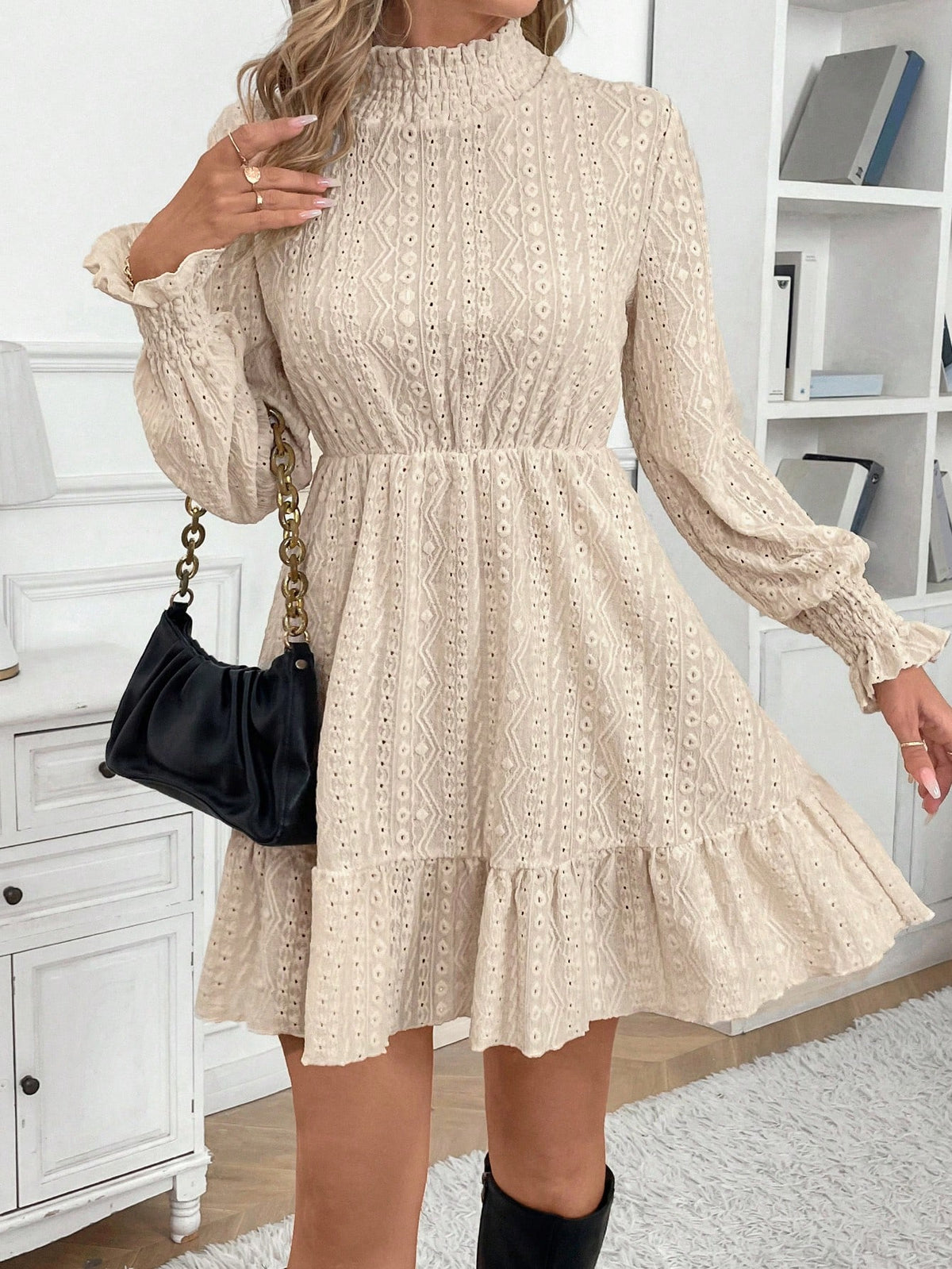 Women Casual Solid Color Hollow Out Embroidery Stand Collar Mini Dress, Autumn