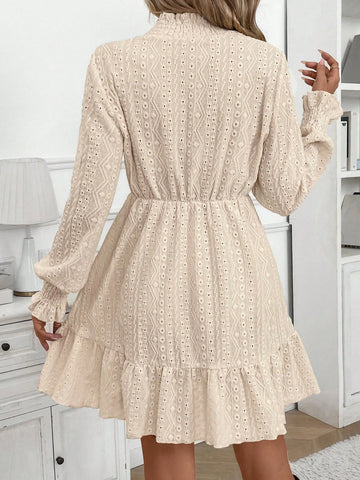 Women Casual Solid Color Hollow Out Embroidery Stand Collar Mini Dress, Autumn