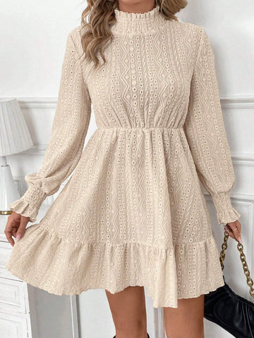 Women Casual Solid Color Hollow Out Embroidery Stand Collar Mini Dress, Autumn