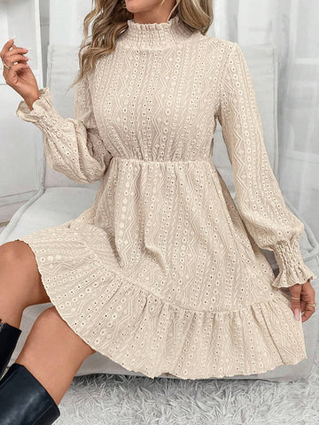 Women Casual Solid Color Hollow Out Embroidery Stand Collar Mini Dress, Autumn