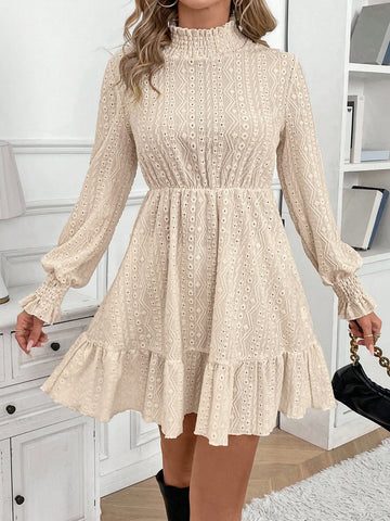 Women Casual Solid Color Hollow Out Embroidery Stand Collar Mini Dress, Autumn