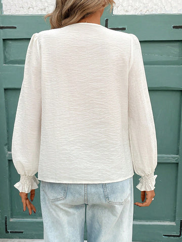 Frenchy Women Casual Solid Color Lace Patchwork Blouse For Autumn