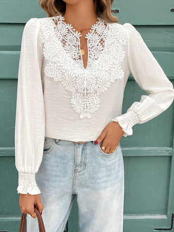 Frenchy Women Casual Solid Color Lace Patchwork Blouse For Autumn