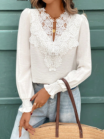 Frenchy Women Casual Solid Color Lace Patchwork Blouse For Autumn