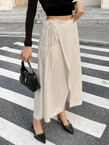Frenchy Women Casual Solid Color Side Tie Waist A-Line Skirt, Autumn