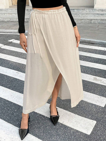 Frenchy Women Casual Solid Color Side Tie Waist A-Line Skirt, Autumn