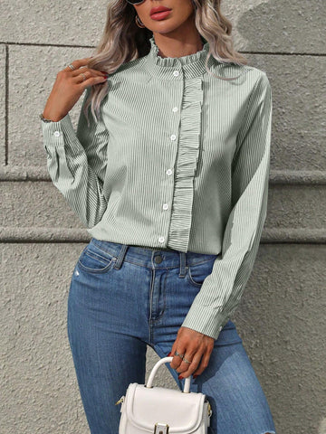 Frenchy Women Casual Striped Ruffle Front Button Shirt, Autumn