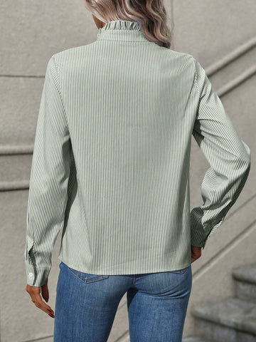 Frenchy Women Casual Striped Ruffle Front Button Shirt, Autumn