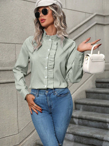Frenchy Women Casual Striped Ruffle Front Button Shirt, Autumn