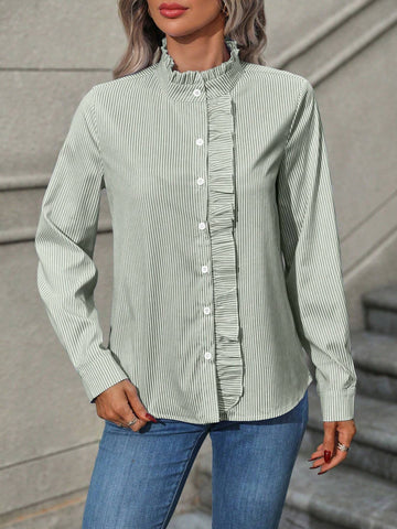 Frenchy Women Casual Striped Ruffle Front Button Shirt, Autumn