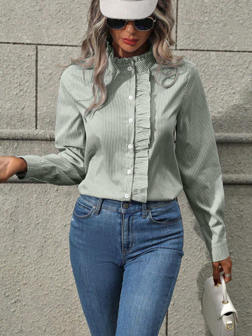 Frenchy Women Casual Striped Ruffle Front Button Shirt, Autumn