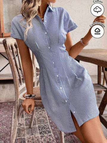 Women Casual Striped Short Sleeve Shirt Dress With A-Line Silhouette, Summer Cotton Dress With