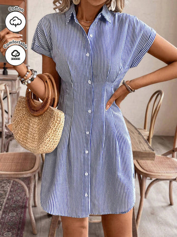 Women Casual Striped Short Sleeve Shirt Dress With A-Line Silhouette, Summer Cotton Dress With