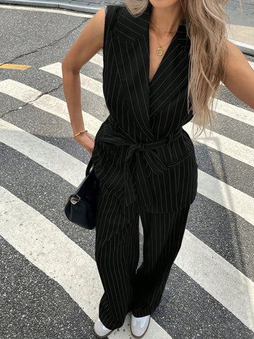2Pcs/Set Women Casual Striped Print Peak Collar Belted Vest Top And Loose Straight Leg Pants