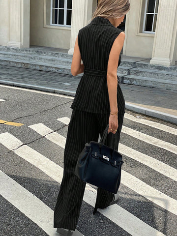 2Pcs/Set Women Casual Striped Print Peak Collar Belted Vest Top And Loose Straight Leg Pants