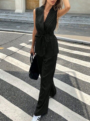 2Pcs/Set Women Casual Striped Print Peak Collar Belted Vest Top And Loose Straight Leg Pants