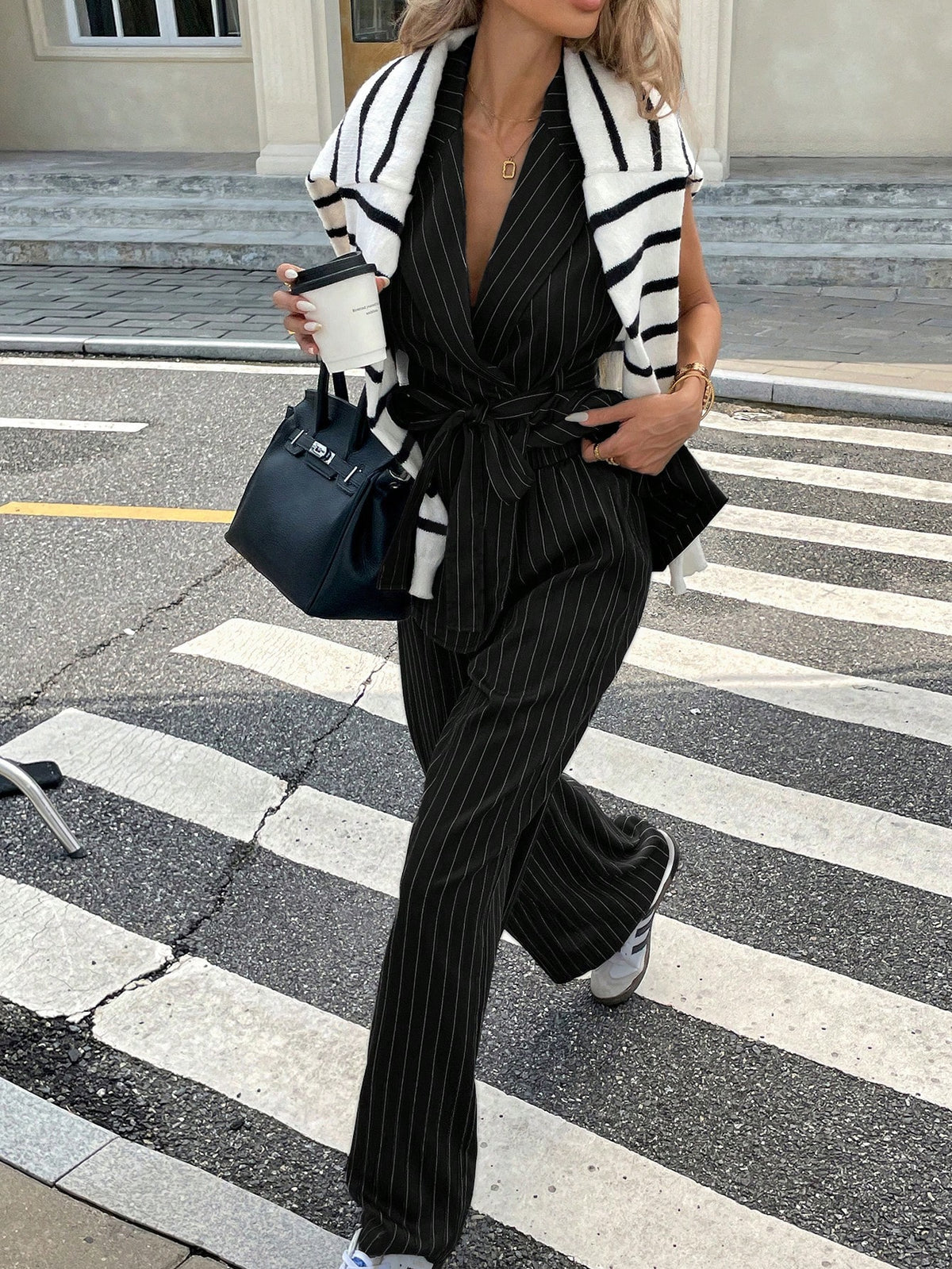 2Pcs/Set Women Casual Striped Print Peak Collar Belted Vest Top And Loose Straight Leg Pants