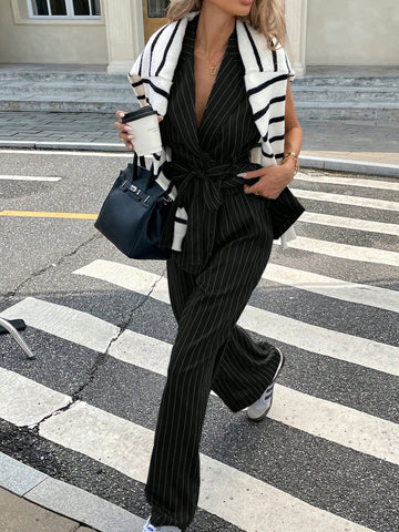 2Pcs/Set Women Casual Striped Print Peak Collar Belted Vest Top And Loose Straight Leg Pants
