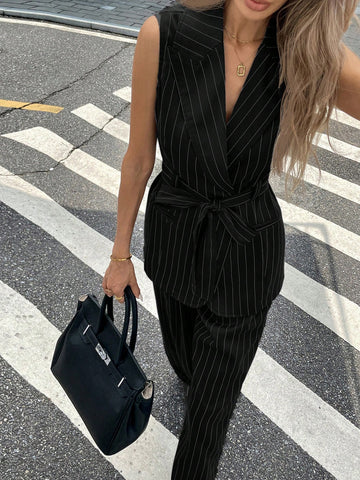 2Pcs/Set Women Casual Striped Print Peak Collar Belted Vest Top And Loose Straight Leg Pants