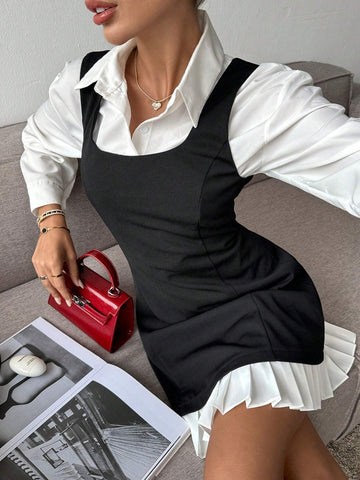 Women Colorblock Strap Simple Casual Mini Dress