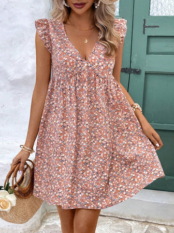 Women Ditsy Floral Print Ruffle Armhole Dress, Summer Essential Sundress, Vacation Vibe