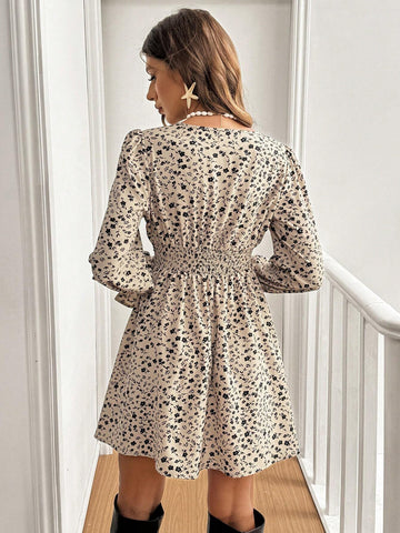 Women Ditsy Floral V-Neck Long Sleeve Short Dress