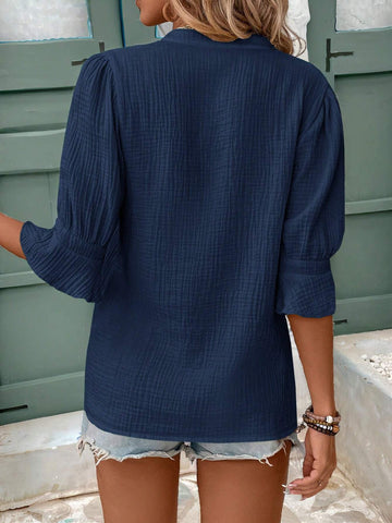 Frenchy Women Earthy Clothes Holiday Solid Color Notched Neck Ruffle Sleeve Top,100% Cotton