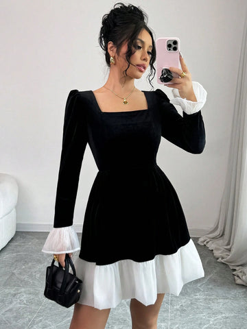 Women Elegant Black & White Lace Mesh Patchwork Mini Skirt