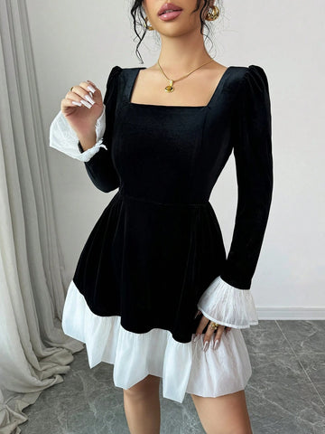 Women Elegant Black & White Lace Mesh Patchwork Mini Skirt