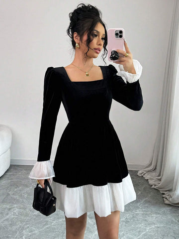 Women Elegant Black & White Lace Mesh Patchwork Mini Skirt