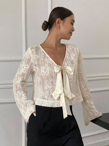 Frenchy Women Elegant Solid Color Flare Sleeve Tie Neck Blouse