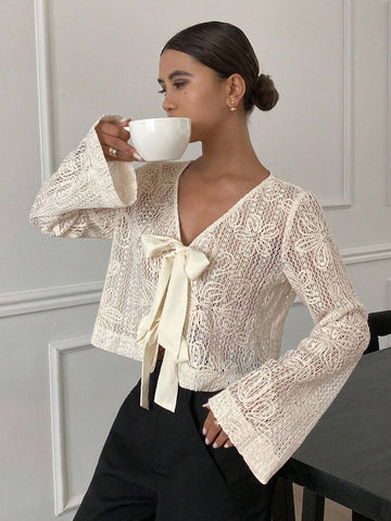 Frenchy Women Elegant Solid Color Flare Sleeve Tie Neck Blouse