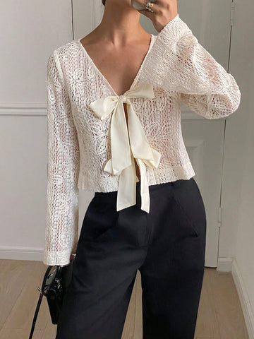 Frenchy Women Elegant Solid Color Flare Sleeve Tie Neck Blouse
