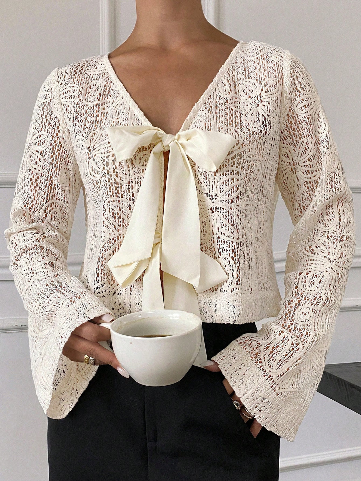 Frenchy Women Elegant Solid Color Flare Sleeve Tie Neck Blouse