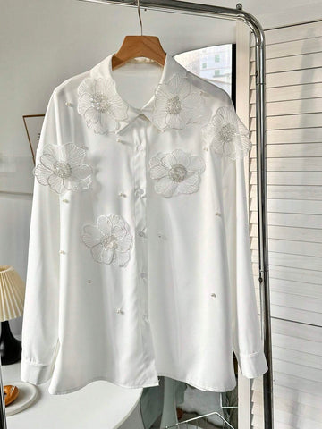 Frenchy Women Elegant White Floral Embroidery Blouse