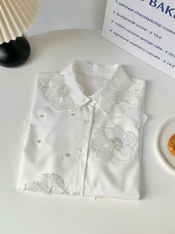 Frenchy Women Elegant White Floral Embroidery Blouse