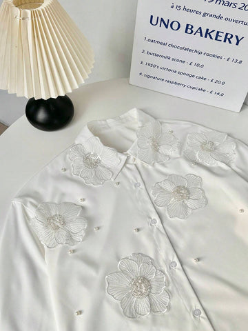 Frenchy Women Elegant White Floral Embroidery Blouse