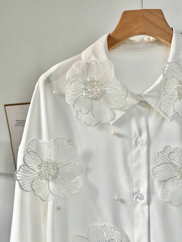 Frenchy Women Elegant White Floral Embroidery Blouse