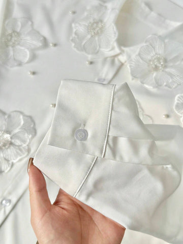 Frenchy Women Elegant White Floral Embroidery Blouse